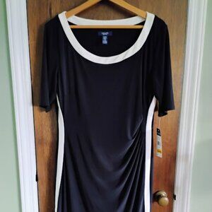 NWT CHAPS Women's Size XL Black & White Dress Ruched Side Short Sleeve Sheath